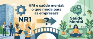 Banner para blog sobre a atualização da NR1. A imagem contrasta o ambiente corporativo rígido com elementos de bem-estar psicológico. Título centralizado: NR1 e saúde mental: o que muda para as empresas?