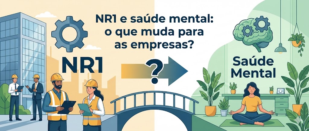 Banner para blog sobre a atualização da NR1. A imagem contrasta o ambiente corporativo rígido com elementos de bem-estar psicológico. Título centralizado: NR1 e saúde mental: o que muda para as empresas?