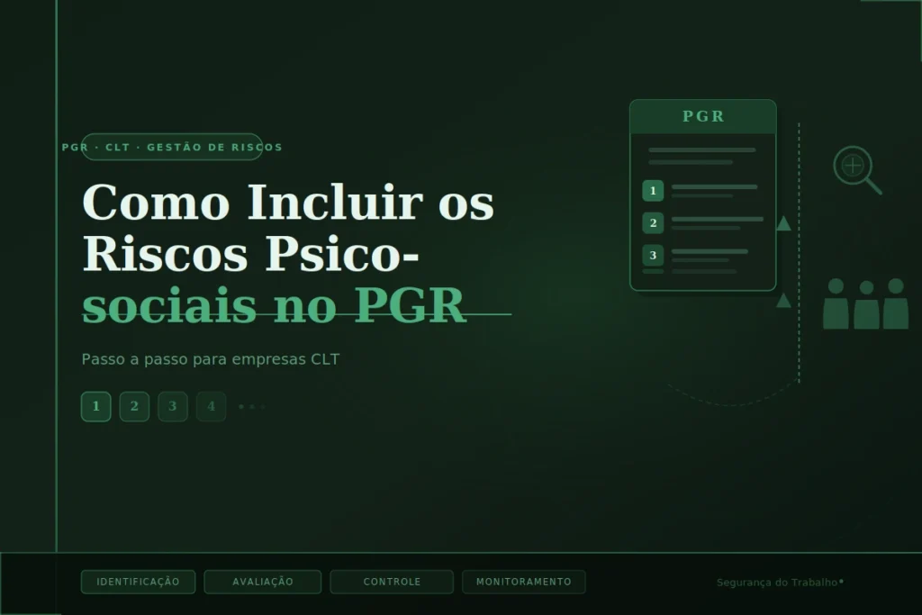 Banner do artigo sobre como incluir riscos psicossociais no PGR: documento com etapas numeradas, lupa de identificação de riscos e grupo de trabalhadores CLT sobre fundo verde-escuro.
