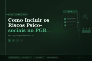 Banner do artigo sobre como incluir riscos psicossociais no PGR: documento com etapas numeradas, lupa de identificação de riscos e grupo de trabalhadores CLT sobre fundo verde-escuro.