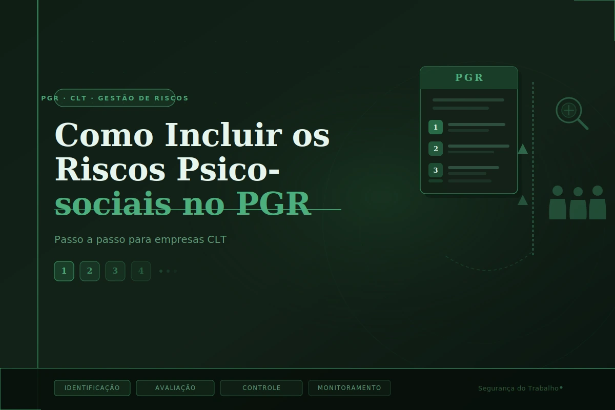 Banner do artigo sobre como incluir riscos psicossociais no PGR: documento com etapas numeradas, lupa de identificação de riscos e grupo de trabalhadores CLT sobre fundo verde-escuro.