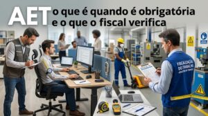 Banner do artigo sobre Análise Ergonômica do Trabalho com o título 'AET: o que é, quando é obrigatória e o que o fiscal verifica'. A imagem realista mostra uma cena dividida: à esquerda, um especialista em ergonomia avaliando a postura de um trabalhador em um escritório; à direita, um fiscal do Ministério do Trabalho inspecionando um ambiente industrial com uma prancheta, representando a fiscalização de segurança e saúde ocupacional.