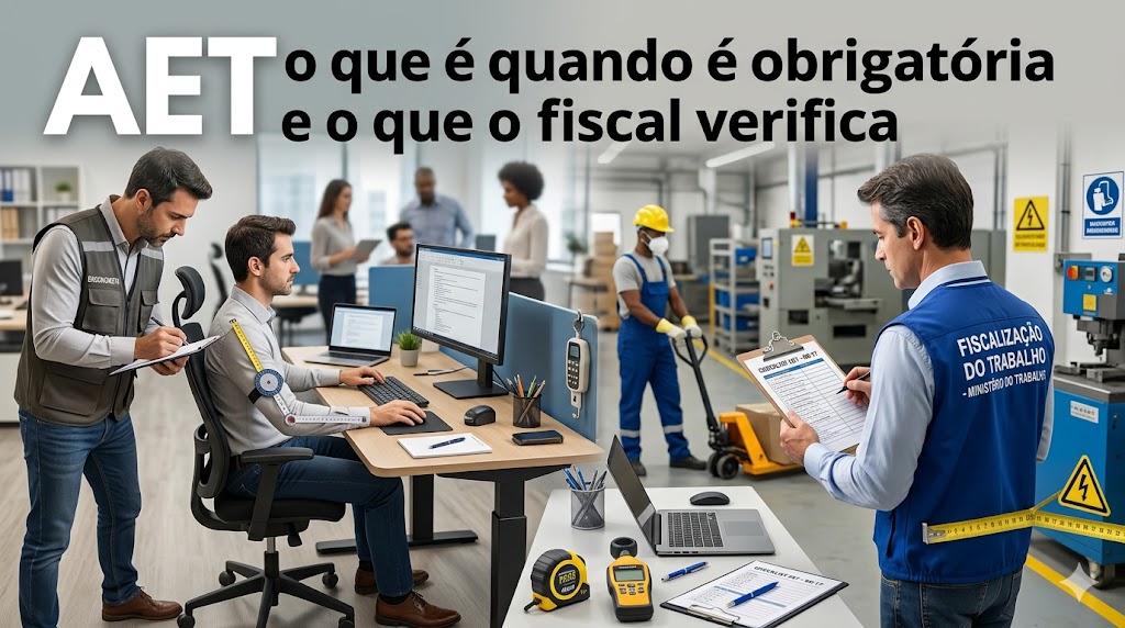 Banner do artigo sobre Análise Ergonômica do Trabalho com o título 'AET: o que é, quando é obrigatória e o que o fiscal verifica'. A imagem realista mostra uma cena dividida: à esquerda, um especialista em ergonomia avaliando a postura de um trabalhador em um escritório; à direita, um fiscal do Ministério do Trabalho inspecionando um ambiente industrial com uma prancheta, representando a fiscalização de segurança e saúde ocupacional.