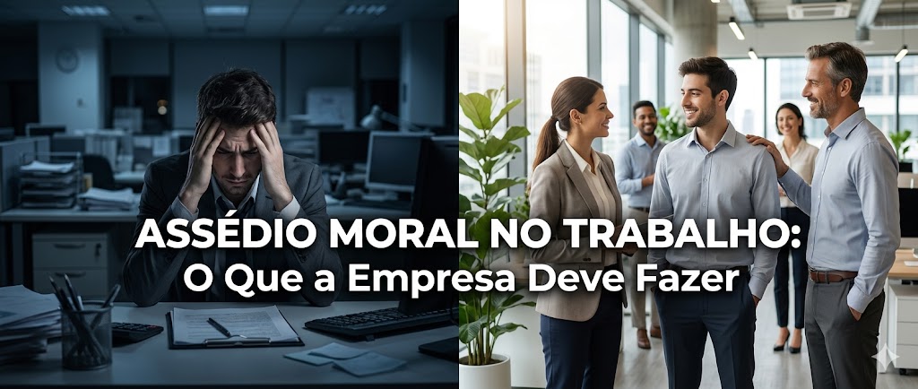 Uma imagem dividida em duas, mostrando um contraste. O lado esquerdo é um escritório escuro à noite com um homem estressado em sua mesa. O lado direito é um escritório claro durante o dia com uma equipe de profissionais sorridentes. Sobre as imagens, o texto em português diz: "ASSÉDIO MORAL NO TRABALHO: O Que a Empresa Deve Fazer".