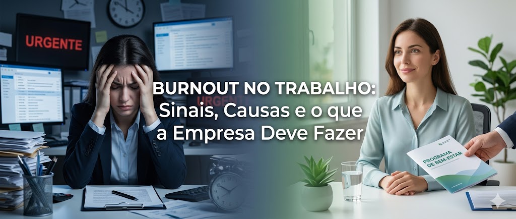 Banner ilustrando o contraste do burnout no trabalho: à esquerda, uma mulher estressada com as mãos no rosto em um escritório escuro; à direita, uma profissional sorrindo em um ambiente claro recebendo um programa de bem-estar. No centro, lê-se: Burnout no Trabalho: Sinais, Causas e o que a Empresa Deve Fazer