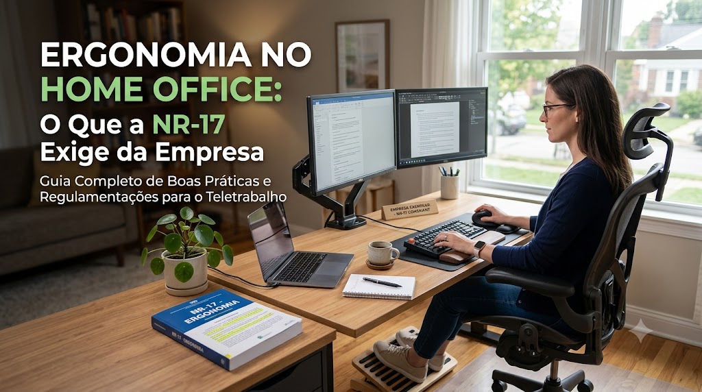Banner do artigo 'Ergonomia no home office: o que a NR-17 exige da empresa'. A imagem realista mostra uma profissional em teletrabalho utilizando um posto de trabalho ergonômico e adequado: cadeira ajustável, suporte para os pés e monitores na altura dos olhos. Sobre a mesa, destaca-se um manual da norma NR-17, representando o cumprimento das exigências de saúde e segurança ocupacional pelas empresas.
