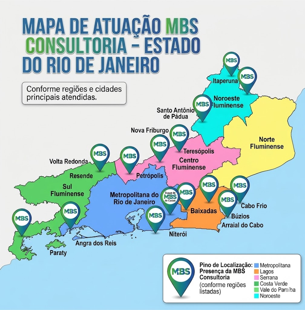 Mapa do estado do Rio de Janeiro destacando as regiões atendidas pela MBS Ocupacional