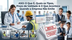Infográfico abrangente para banner de blog sobre Atestado de Saúde Ocupacional (ASO). O título principal é "ASO: O Que É, Quais os Tipos, Prazo de Validade & O Que Acontece Quando a Empresa Não Emite". A imagem apresenta uma médica realizando um exame em um trabalhador, fiscais federais auditando documentos e empresários preocupados. Há uma seção detalhada "TIPOS DE ASO" com miniaturas para os exames Admissional, Periódico, Demissional e Mudança de Função. Também inclui um calendário para prazo de validade legal e documentos com carimbos vermelhos de "MULTA ADMINISTRATIVA" e "FISCALIZAÇÃO DO TRABALHO: IRREGULARIDADE DETECTADA", destacando as consequências de não emitir o ASO.