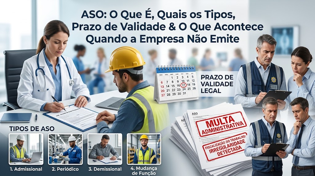Infográfico abrangente para banner de blog sobre Atestado de Saúde Ocupacional (ASO). O título principal é "ASO: O Que É, Quais os Tipos, Prazo de Validade & O Que Acontece Quando a Empresa Não Emite". A imagem apresenta uma médica realizando um exame em um trabalhador, fiscais federais auditando documentos e empresários preocupados. Há uma seção detalhada "TIPOS DE ASO" com miniaturas para os exames Admissional, Periódico, Demissional e Mudança de Função. Também inclui um calendário para prazo de validade legal e documentos com carimbos vermelhos de "MULTA ADMINISTRATIVA" e "FISCALIZAÇÃO DO TRABALHO: IRREGULARIDADE DETECTADA", destacando as consequências de não emitir o ASO.