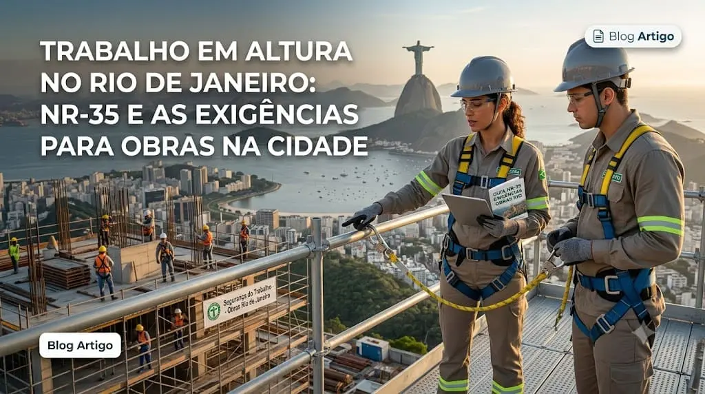 Banner fotográfico para um artigo de blog com o título: "TRABALHO EM ALTURA NO RIO DE JANEIRO: NR-35 E AS EXIGÊNCIAS PARA OBRAS NA CIDADE". A imagem mostra dois técnicos de segurança do trabalho, vestindo uniformes e equipamentos de proteção individual (EPIs) completos, como capacetes e cintos de segurança, em uma plataforma elevada de um canteiro de obras. O fundo é uma vista panorâmica espetacular do Rio de Janeiro ao pôr do sol, com a estátua do Cristo Redentor visível no Corcovado e a Baía de Guanabara, além de outros trabalhadores em andaimes de andares inferiores. Pequenos ícones no canto superior direito e inferior esquerdo indicam "Blog Artigo".