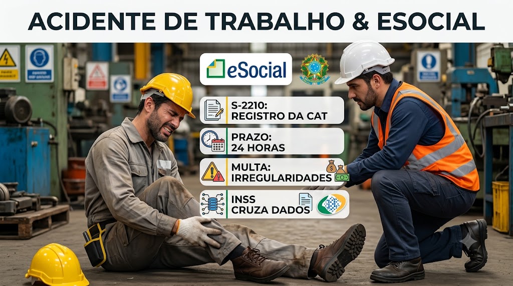 Infográfico para banner de blog sobre 'Acidente de Trabalho & eSocial'. A imagem fotorealista de dois trabalhadores em uma fábrica (um ferido) é sobreposta com informações essenciais de conformidade: 'S-2210: Registro da CAT', 'Prazo: 24 Horas', 'Multa: Irregularidades' e 'INSS Cruza Dados'. Inclui os logotipos oficiais do eSocial e do brasão brasileiro. Uma ferramenta visual para entender as obrigações de CAT no eSocial e evitar multas.