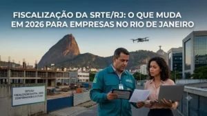 Blog header banner: Fiscais da SRTE/RJ e gerente analisam dados digitais e documentos em Rio de Janeiro, preparando-se para mudanças na fiscalização de 2026 para empresas, com ícones da cidade e drone ao fundo. Uma placa diz 'Fiscalização Digital 2026'.