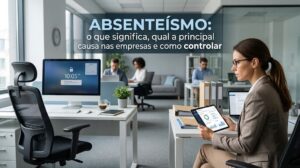 Banner de blog sobre absenteísmo nas empresas. Mostra um local de trabalho vazio com uma cadeira ergonômica e um monitor de computador ligado, simbolizando ausência, ao lado de uma profissional de RH analisando dados de funcionários em um tablet. O texto central em destaque pergunta o significado do absenteísmo, suas principais causas nas empresas e como controlá-lo.