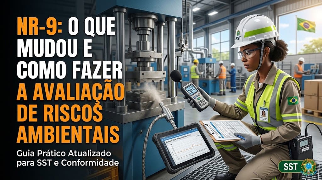 Banner informativo para um guia prático sobre a NR-9 (Avaliação de Riscos Ambientais) e suas mudanças recentes. A imagem mostra uma profissional de SST, vestida com EPIs e crachá, em um ambiente de fábrica, usando um decibelímetro para medição de ruído e analisando dados em um tablet e prancheta. O banner de texto principal à esquerda exibe: "NR-9: O que mudou e como fazer a avaliação de riscos ambientais - Guia Prático Atualizado para SST e Conformidade". Um logotipo de SST com o brasão do Brasil está no canto inferior direito.