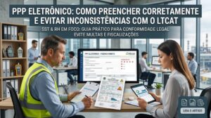 Uma profissional de segurança do trabalho com colete de alta visibilidade trabalha em um escritório moderno, focado em um laptop e um documento físico (LTCAT). O texto de título em destaque em português é: 'PPP ELETRÔNICO: COMO PREENCHER CORRETAMENTE E EVITAR INCONSISTÊNCIAS COM O LTCAT', com o subtítulo 'Conformidade legal e segurança para sua empresa'. A imagem ilustra a importância da precisão nos dados de SST (Saúde e Segurança do Trabalho) e da conformidade corporativa. No fundo, há colegas de trabalho e uma vista da cidade.