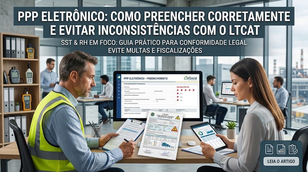 Uma profissional de segurança do trabalho com colete de alta visibilidade trabalha em um escritório moderno, focado em um laptop e um documento físico (LTCAT). O texto de título em destaque em português é: 'PPP ELETRÔNICO: COMO PREENCHER CORRETAMENTE E EVITAR INCONSISTÊNCIAS COM O LTCAT', com o subtítulo 'Conformidade legal e segurança para sua empresa'. A imagem ilustra a importância da precisão nos dados de SST (Saúde e Segurança do Trabalho) e da conformidade corporativa. No fundo, há colegas de trabalho e uma vista da cidade.